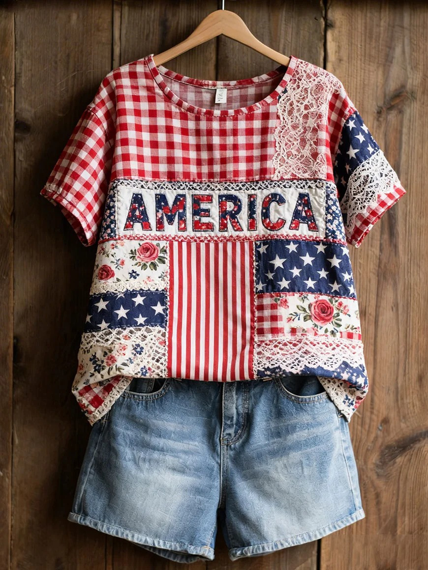 America Patchwork T-Shirt Vintage Patriotic Shirt Independence Day Clothes Gift For Her