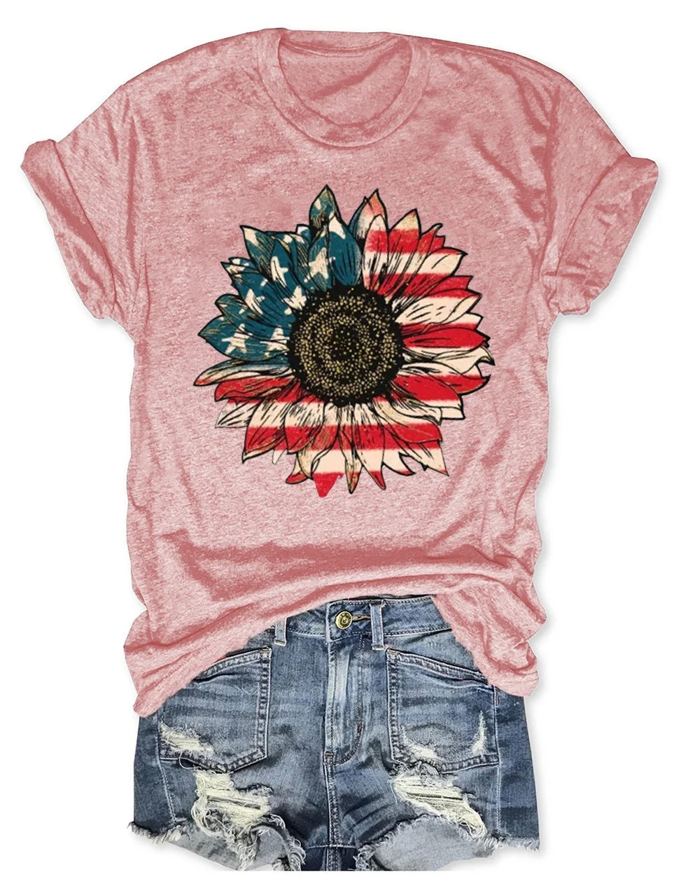 America Sunflower T-Shirt Patriotic Floral Vibes Independence Day Gift For Her