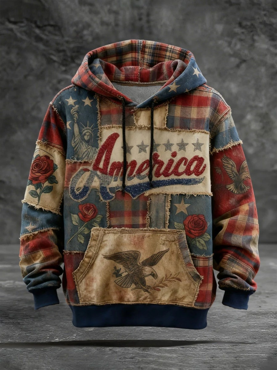 America Vintage Patchwork Hoodie Patriotic Graphic Hoodies Men 250th Anniversary USA Gift