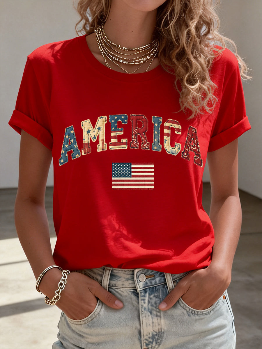 America Vintage Patchwork T Shirt USA Flag Retro Tee Fourth Of July Gift