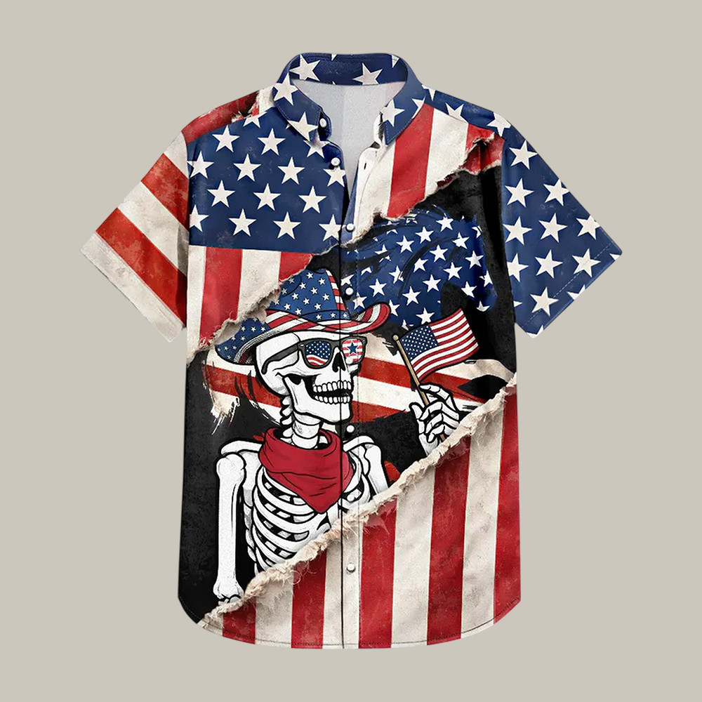America Years Cowboy Skeleton Hawaiian Shirt American Flag Shirt Unique Gift For Patriotic