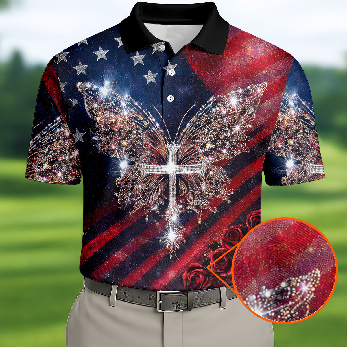 American 250 Years Birthday Polo Shirt Faith Rhinestone Butterfly Merch Gifts For Brother