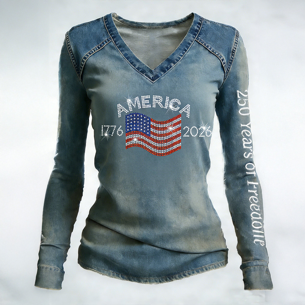 American 250 Years Of Freedom Vintage V-Neck Long Sleeve Shirt Semiquincentennial Merch