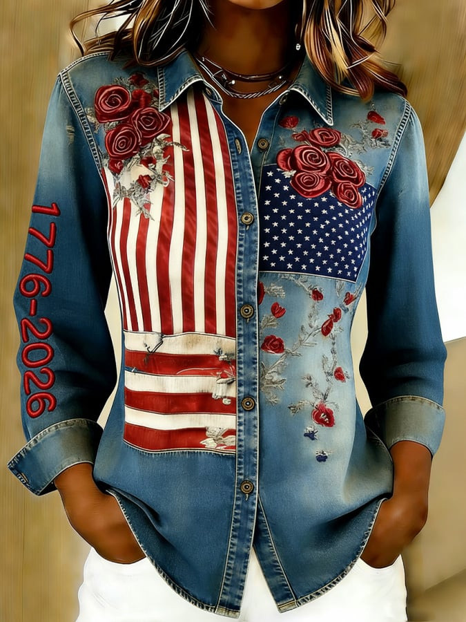 American 250th Anniversary 1776 2026 Button Up Long Sleeve America's Birthday Apparel