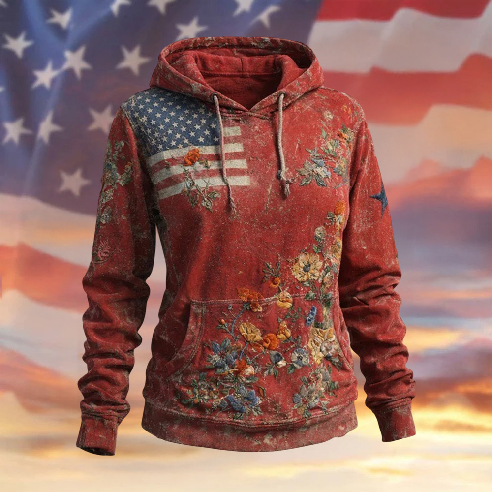 American 250th Anniversary 1776 2026 Vintage Floral Hoodie Fourth Of July Apparel Gift For Her