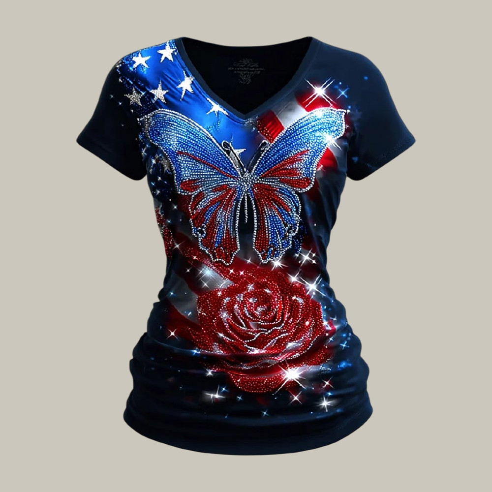 American 250th Anniversary Commemorative V-Neck Shirt Patriotic Butterfly Shirt