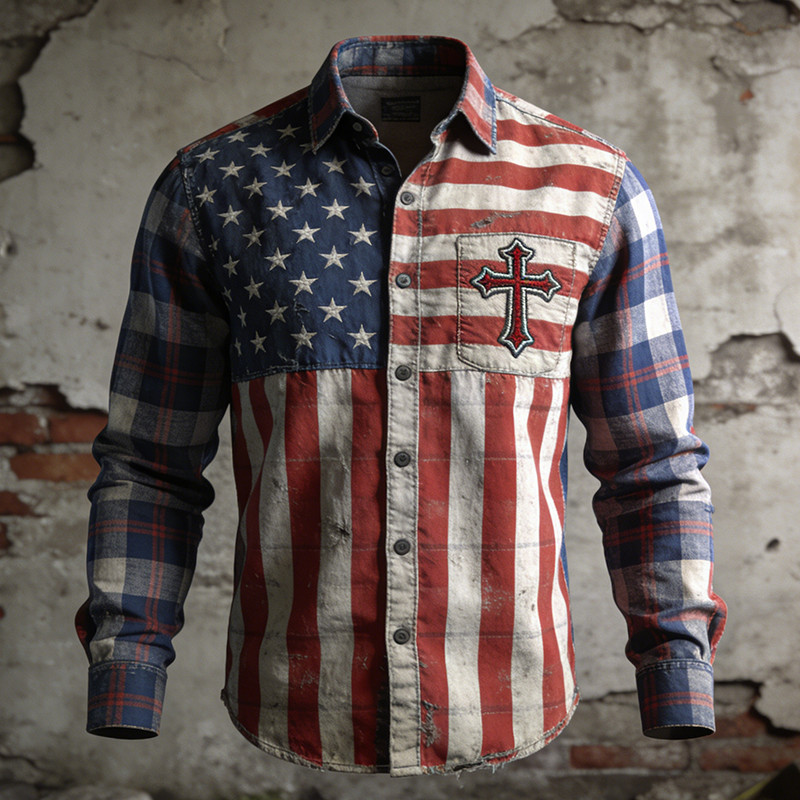 American 250th Anniversary Faith Cross Button Up Long Sleeve Shirt Fourth Of July Apparel Gift Ideas