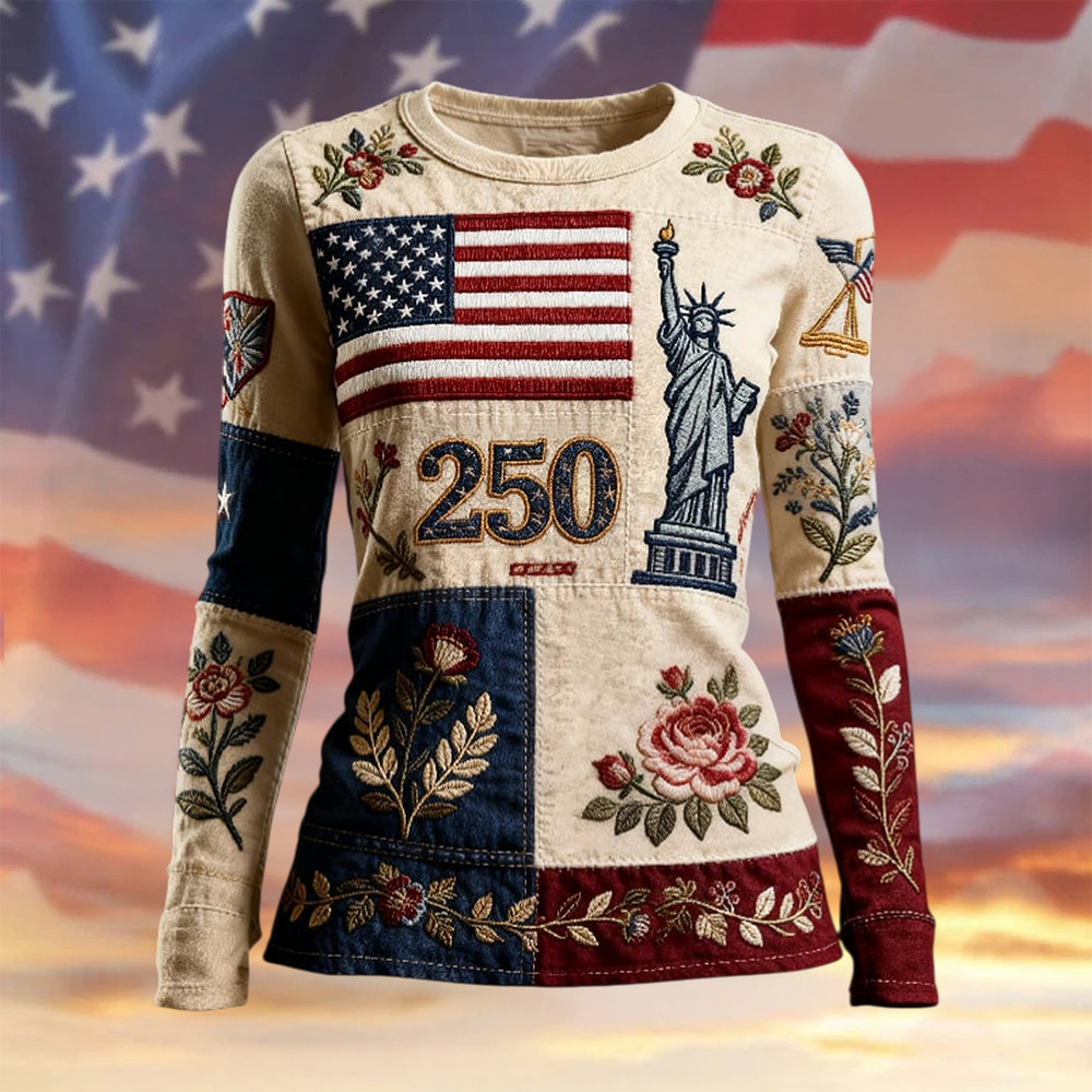 American 250th Anniversary Floral Long Sleeve Shirt Statue Of Liberty Apparel 4Th Of July Gift