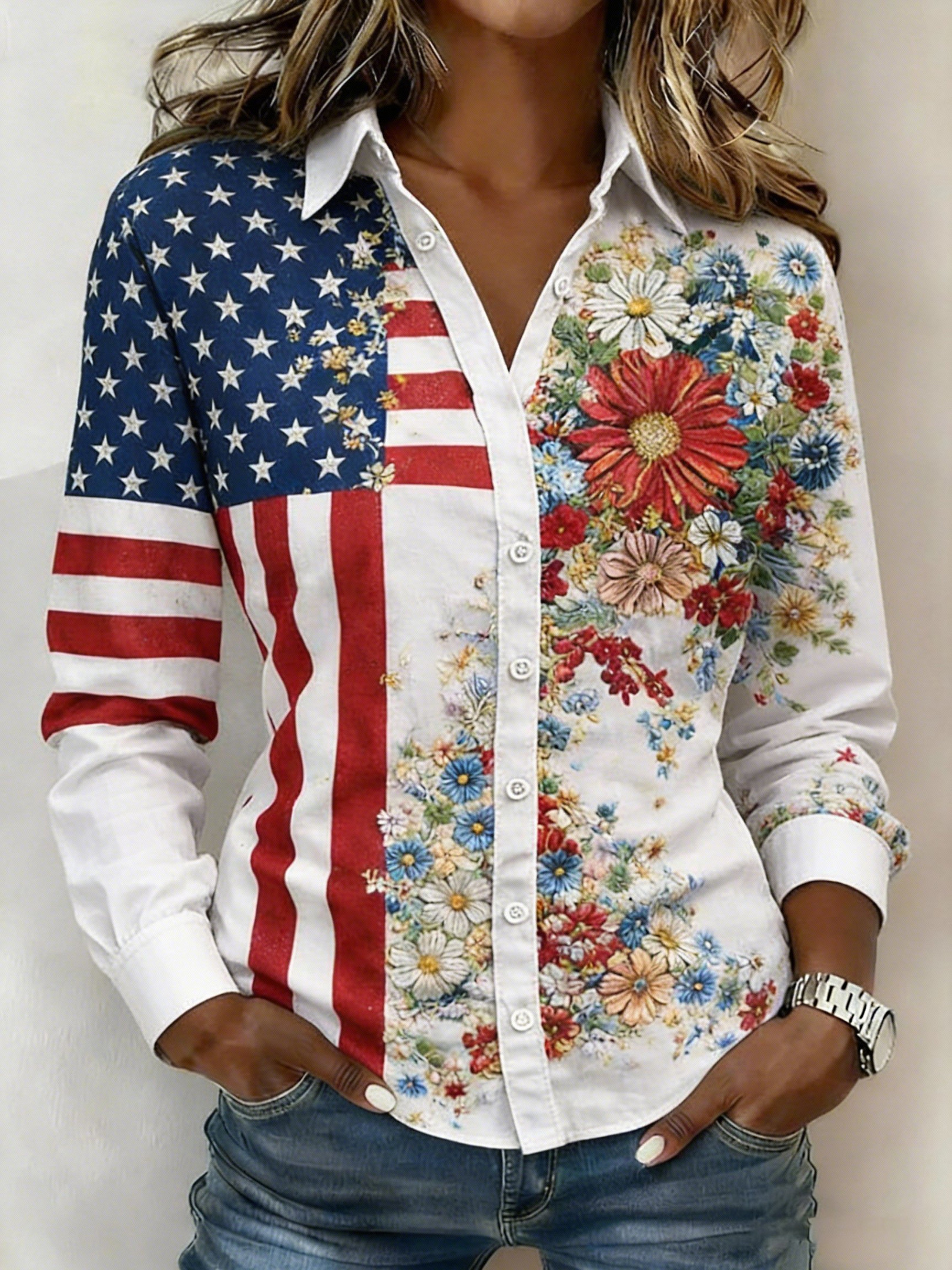 American 250th Anniversary Long Sleeve Button Up Shirt Florals USA Flag Shirt Gift For Patriots American 250th Anniversary Long Sleeve Button Up Shirt Florals USA Flag Shirt Gift For Patriots