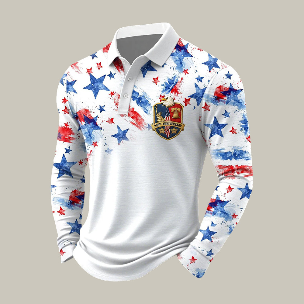 American 250th Anniversary Stars And Stripes Polo Long Sleeve Shirt 4Th Of July Apparel
