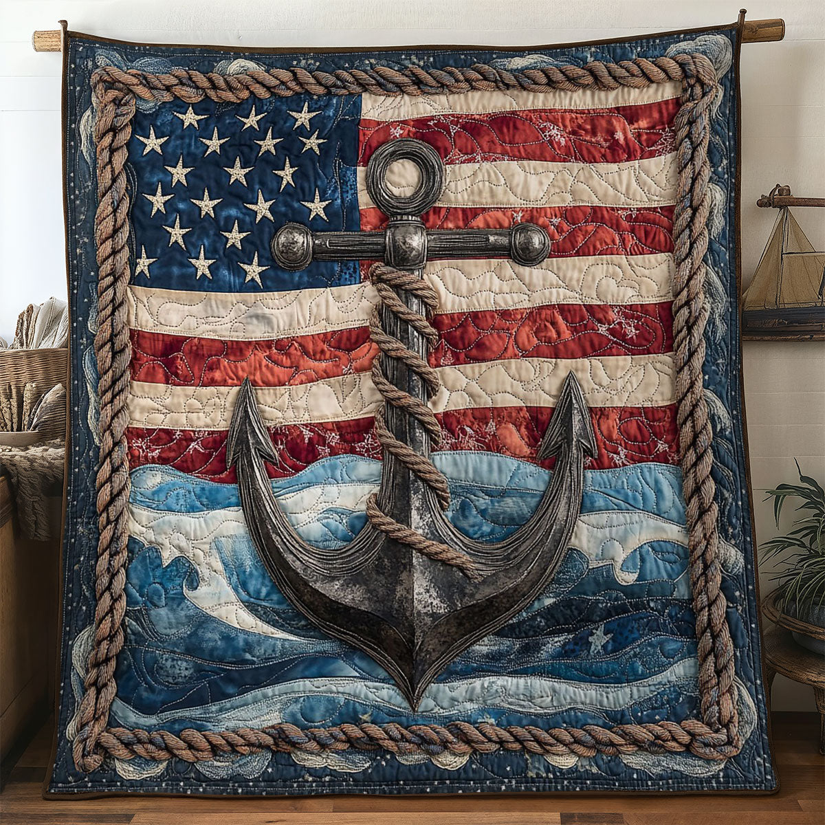 American Anchor Quilt Blanket USA Flag Patriotic Gifts With Anchors On Them