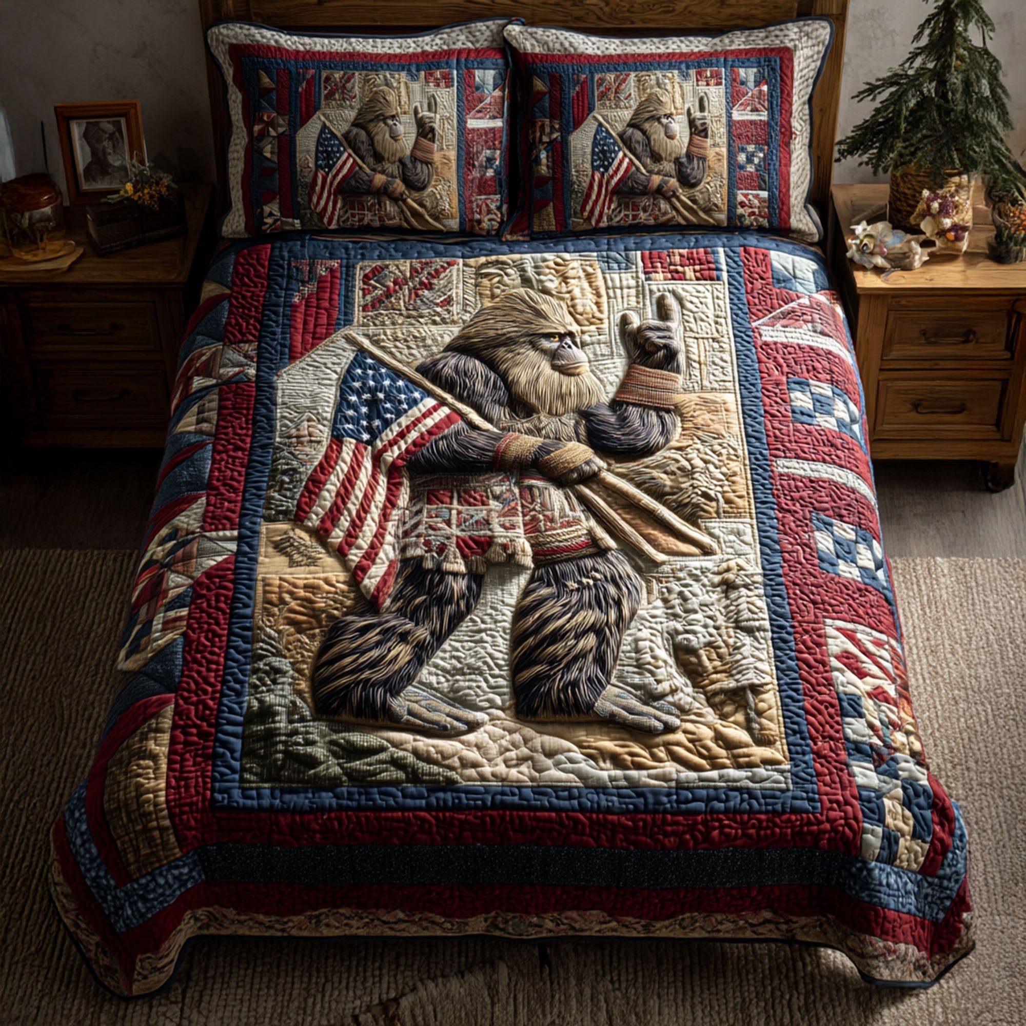 American Bigfoot Quilted Bedding Set Aesthetic Room Decor Bigfoot Gifts For Men