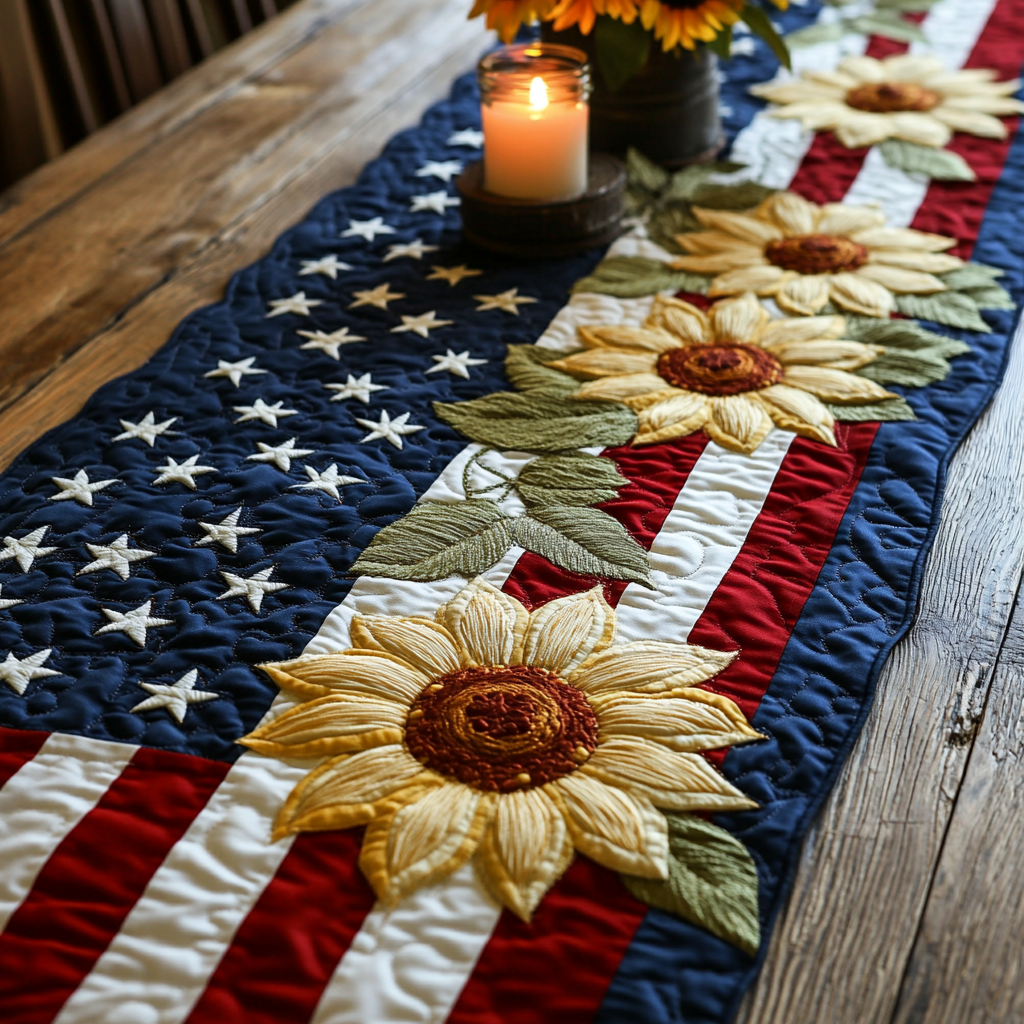 American Bloom Quilted Table Runner Dining Table Decor Patriotic Gift Items