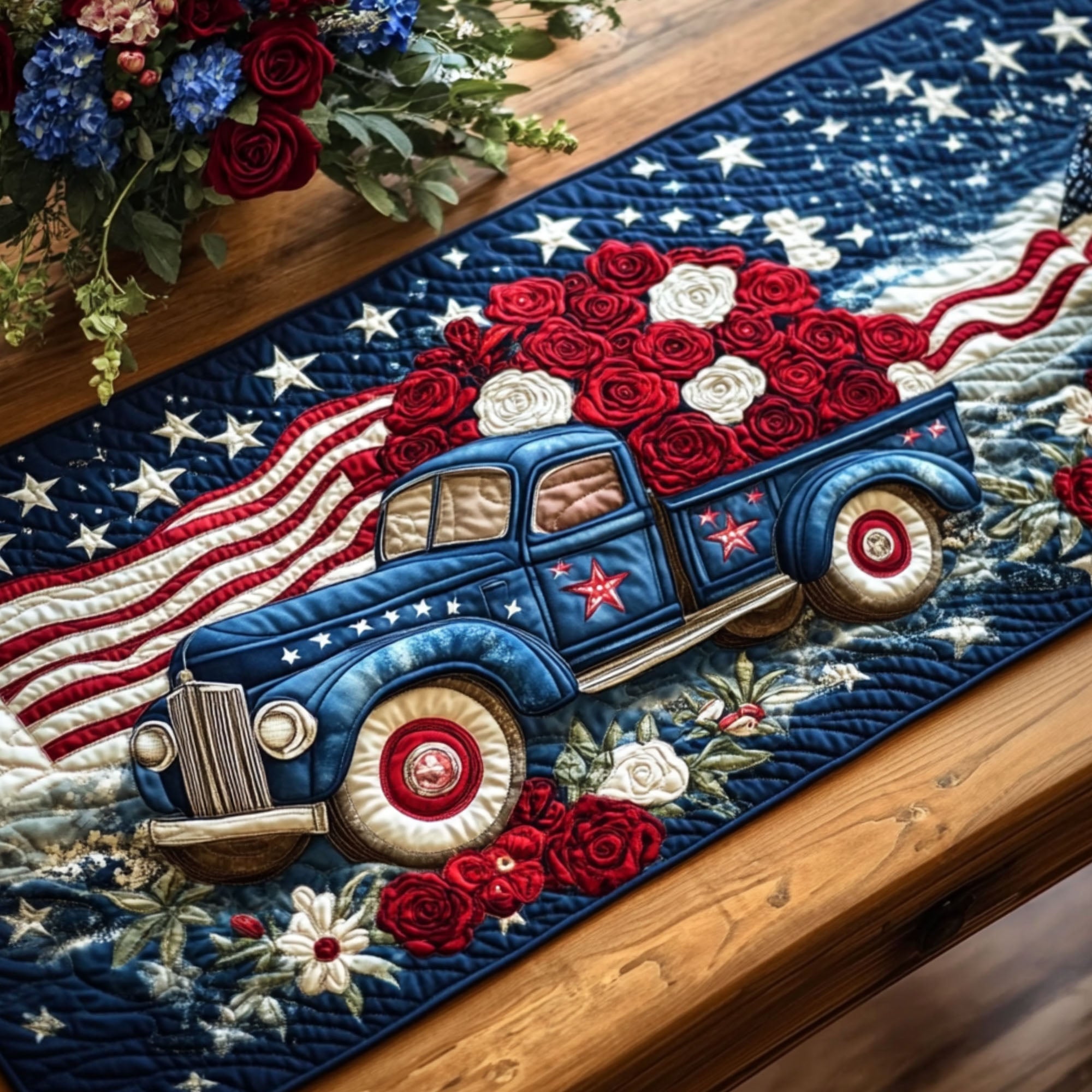 American Bloom Quilted Table Runner Dinner Table Decor Ideas Patriotic Presents