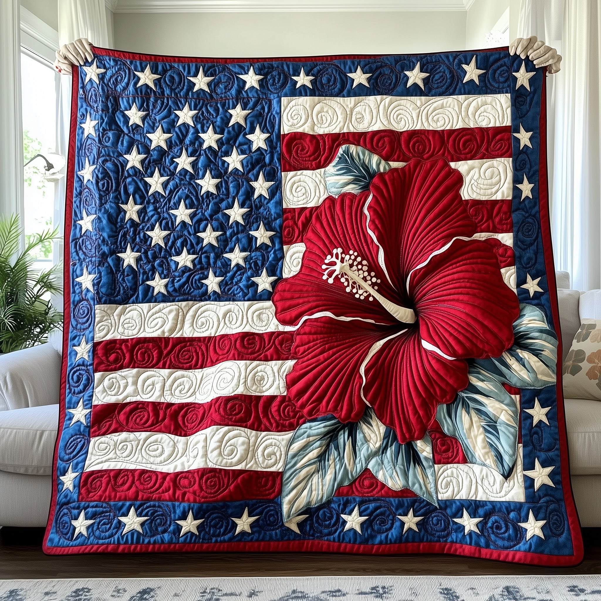 American Blossom Floral Pattern Quilted Blanket American Flag Veterans Day Recognition Gifts