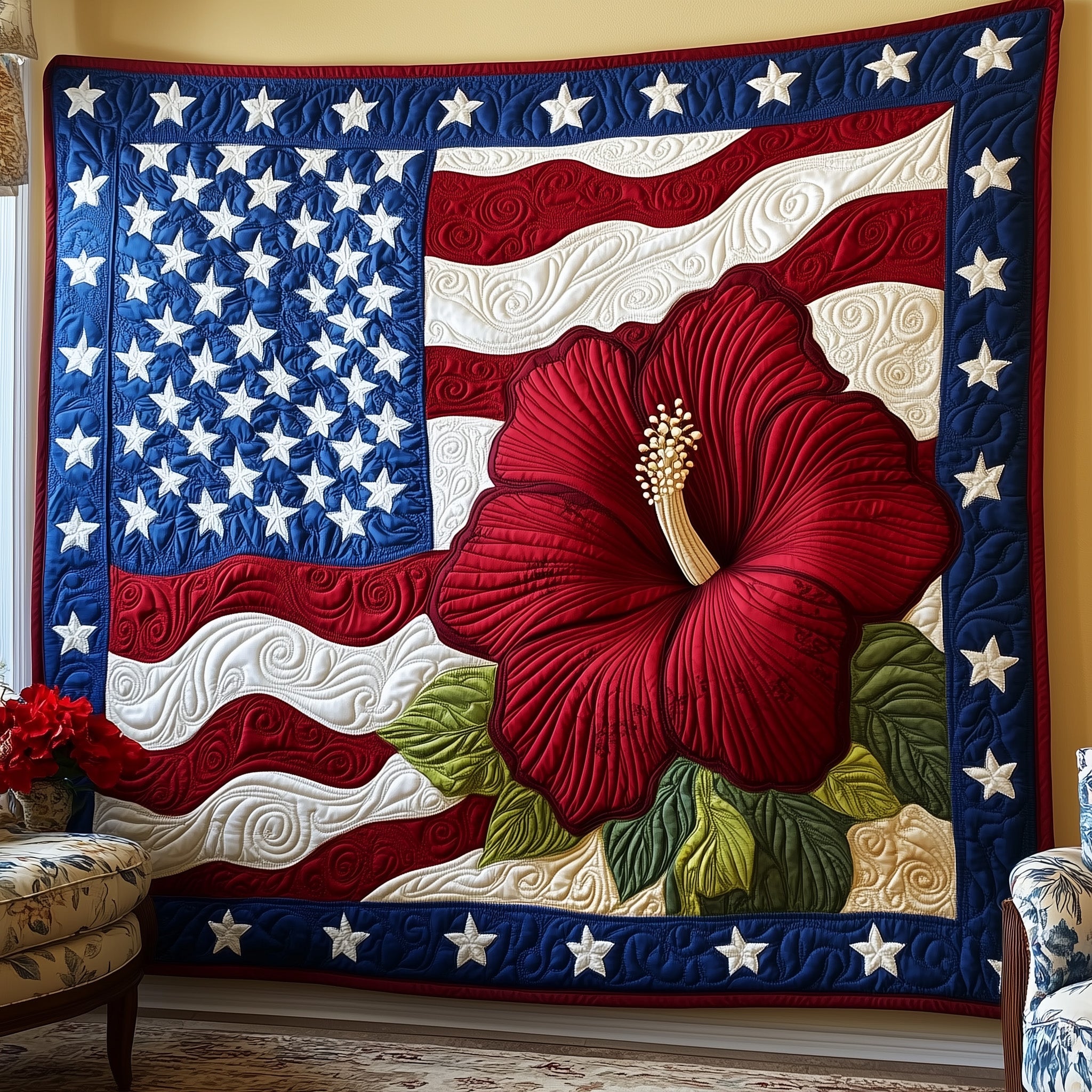 American Blossom Flower Theme Quilted Blanket American Flag Veterans Day Recognition Gifts
