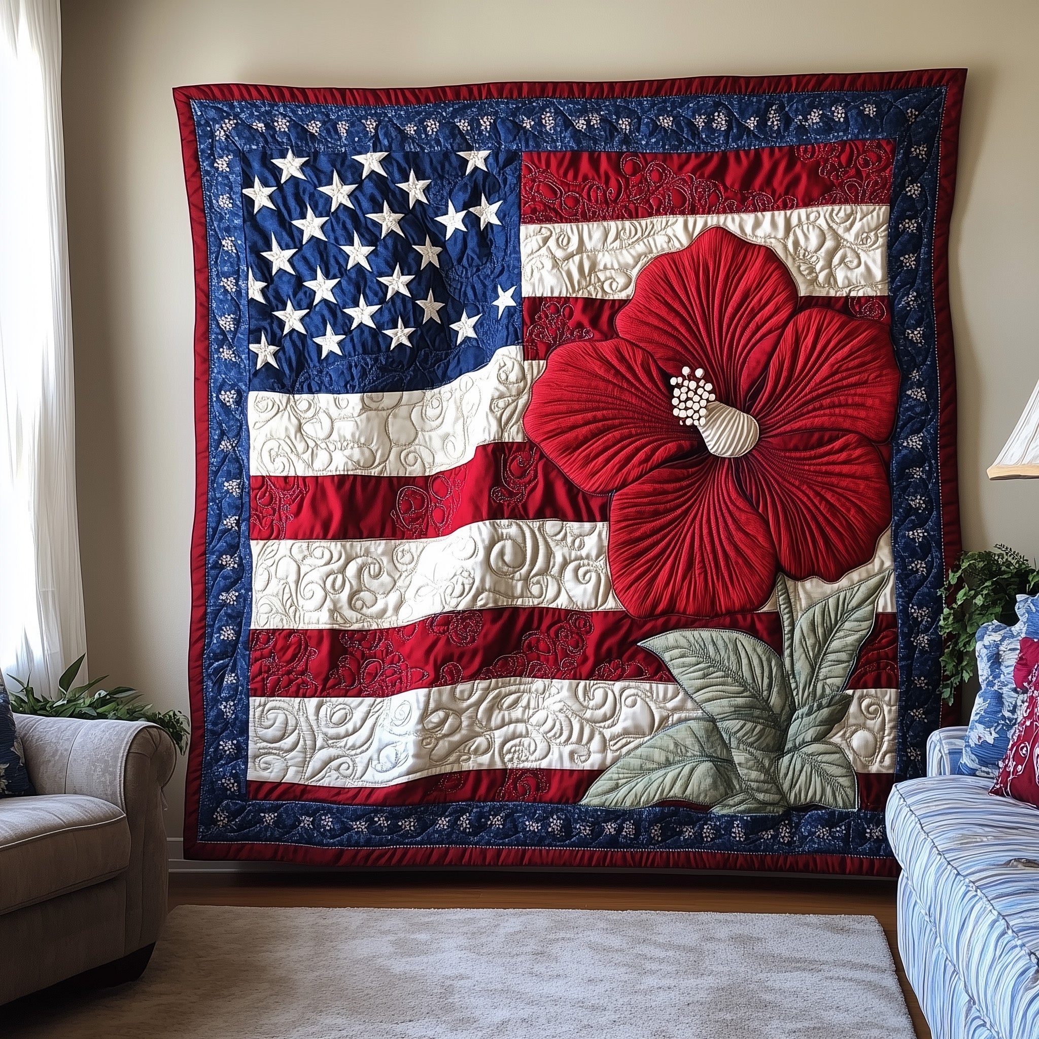 American Blossom Garden Motif Quilted Blanket American Flag Veterans Day Gifts
