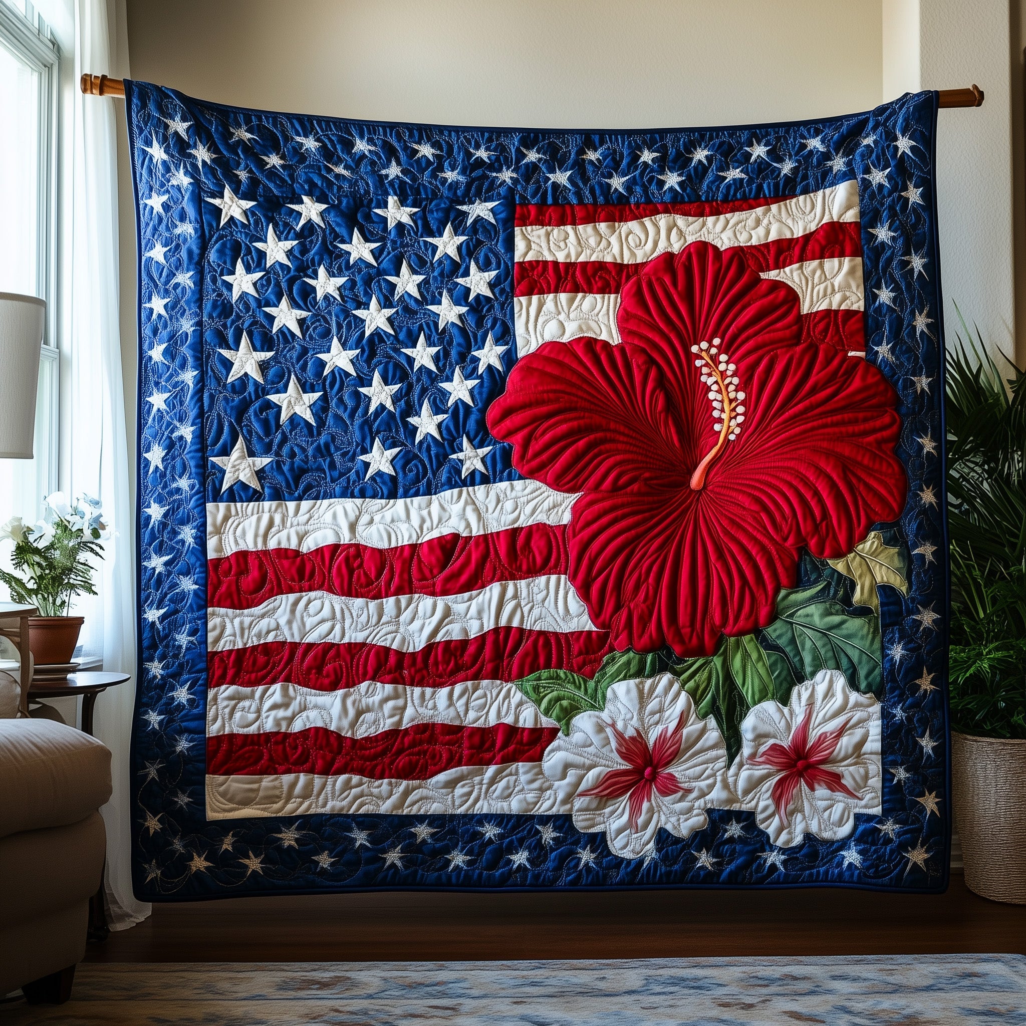 American Blossom Seasonal Quilted Blanket USA Flag Veterans Day Present Ideas