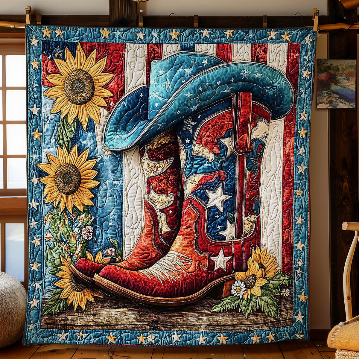 American Boot Quilt Blanket USA Flag Sunflowers Military Blanket Memorial Gifts For Patriots