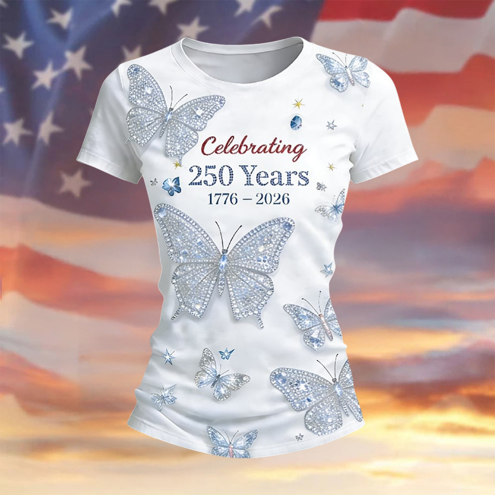 American Celebrating 250 Years 1776 2026 Butterfly T-Shirt Fourth Of July Clothes Cool Gift For Girlfriend