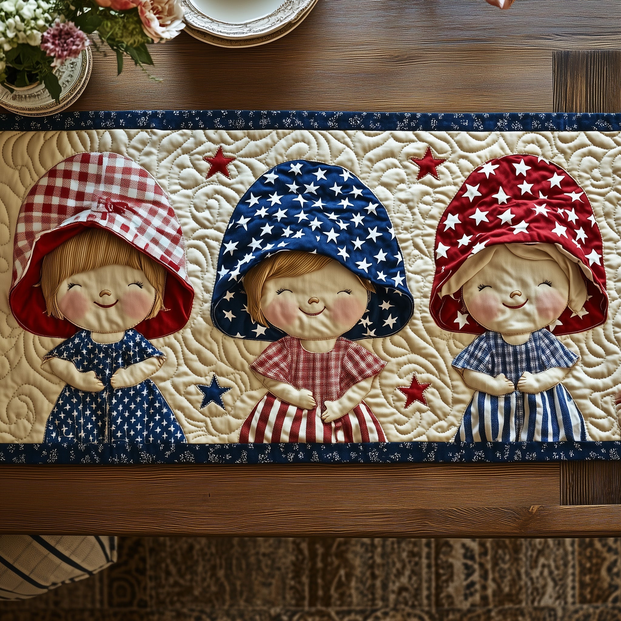 American Charm Sunbonnet Quilted Table Runner Christmas Theme Table Runner