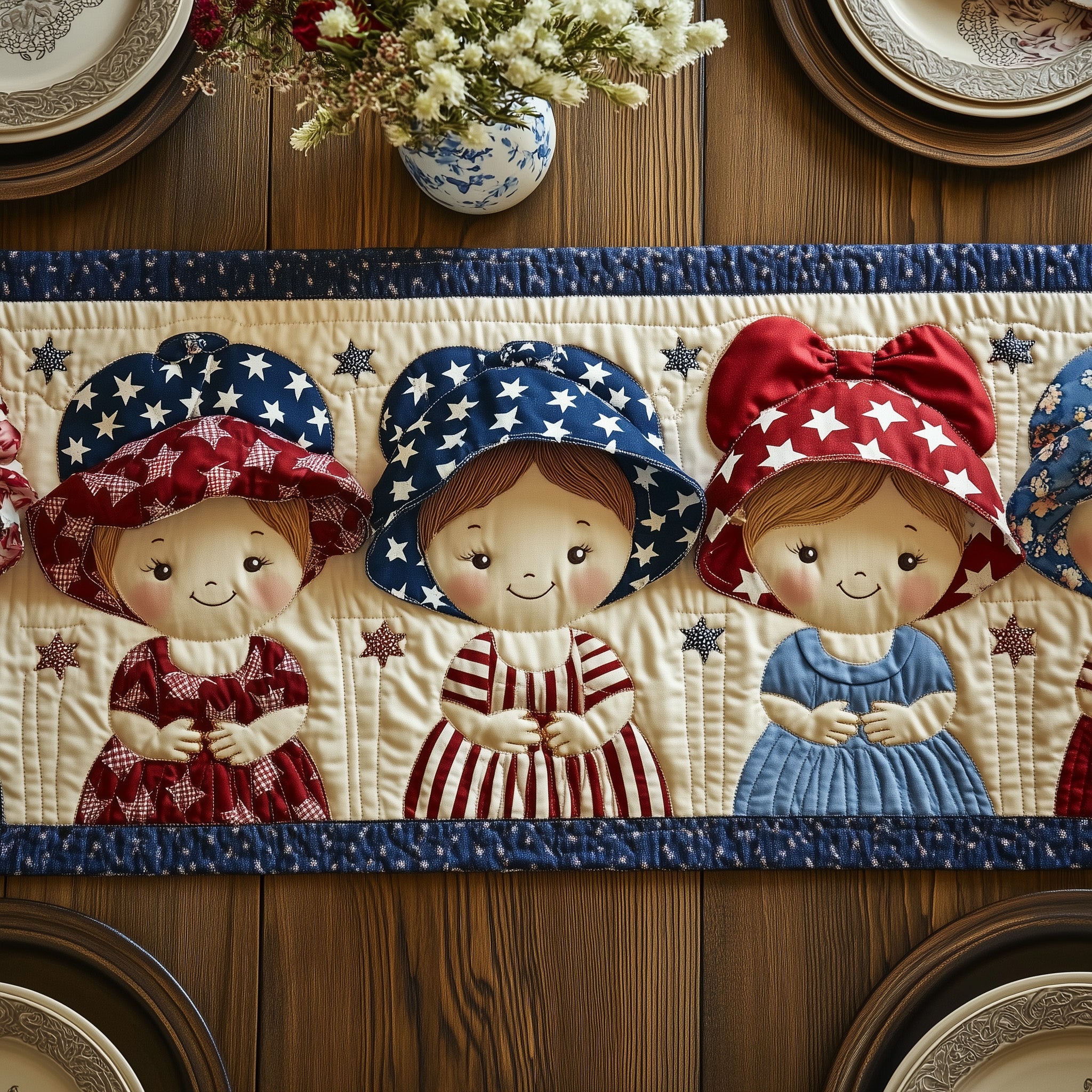 American Charm Sunbonnet Quilted Table Runner Cozy Christmas Table Runner