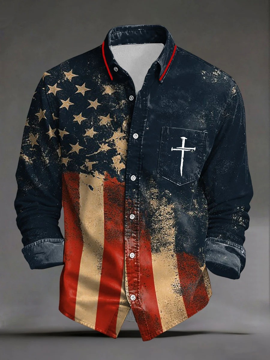 American Cross Long Sleeve Button Up Shirt Men Christian Patriot Faith Apparel Gift Ideas