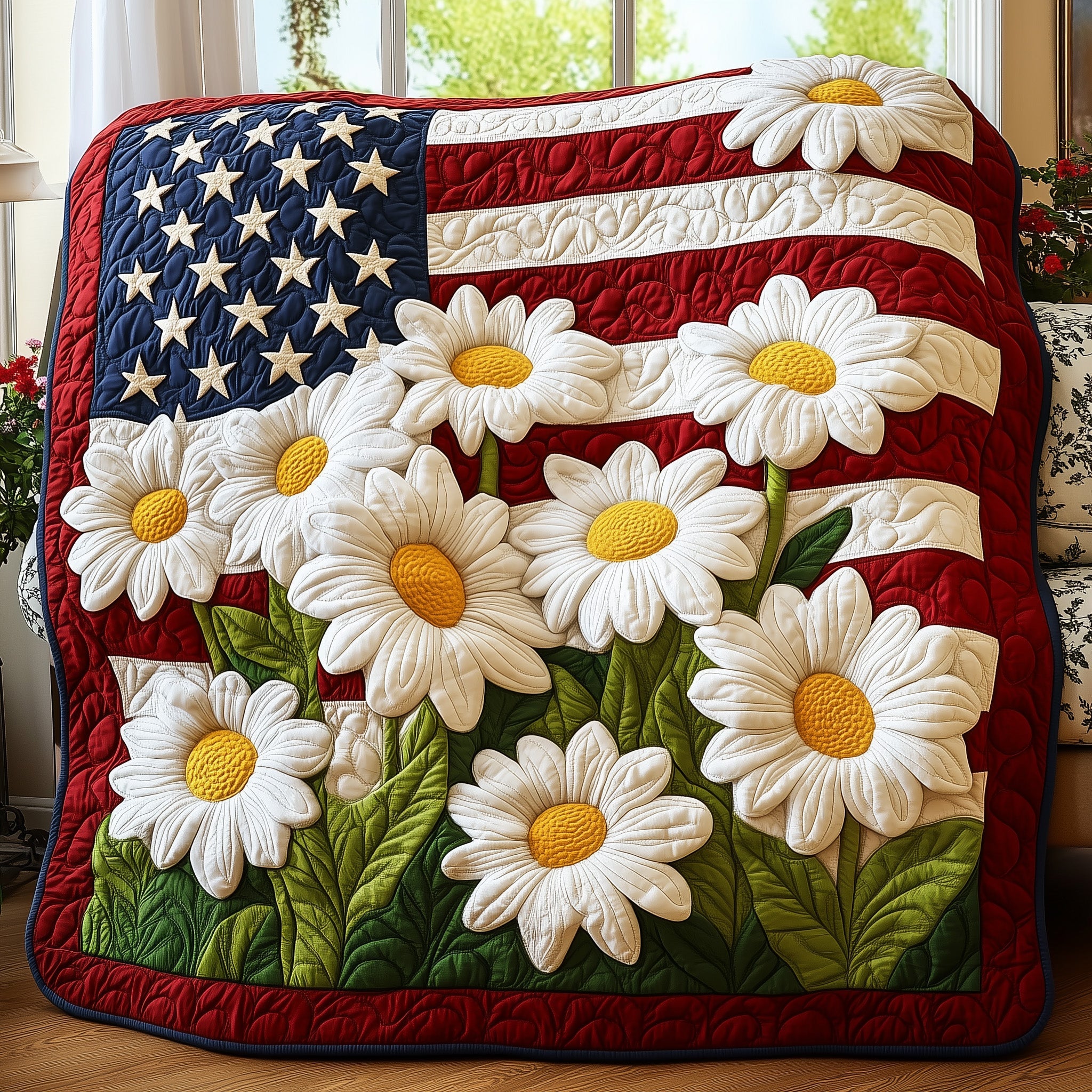 American Daisy Spirit Flower Quilted Blanket USA Flag Veterans Day Recognition Gift Ideas