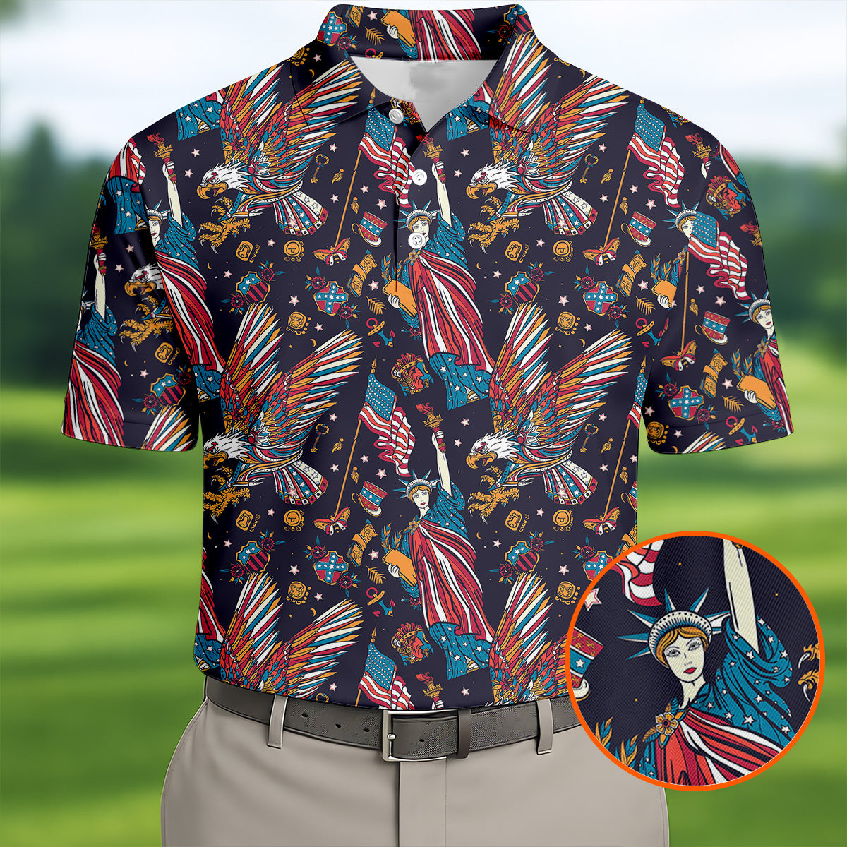 American Eagle With Flag Statue Of Liberty Pattern Polo Shirt Men's Apparel Gift For Brother