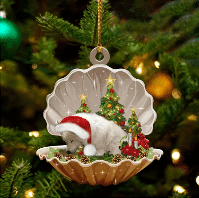 American Eskimo2 Sleeping in Pearl Dog Christmas Ornament Flat Acrylic