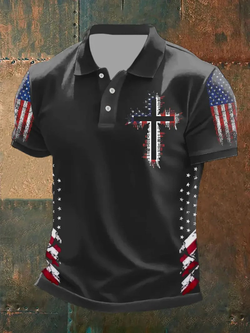 American Faith Cross Polo Shirt Patriotic In God We Trust Christian Apparel Gift For God Believers
