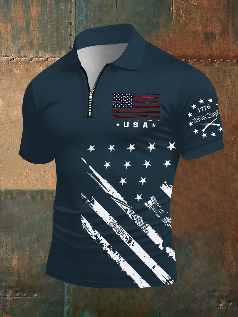 American Flag 1776 Zip Polo Shirt Patriotic Gift for Independence Day