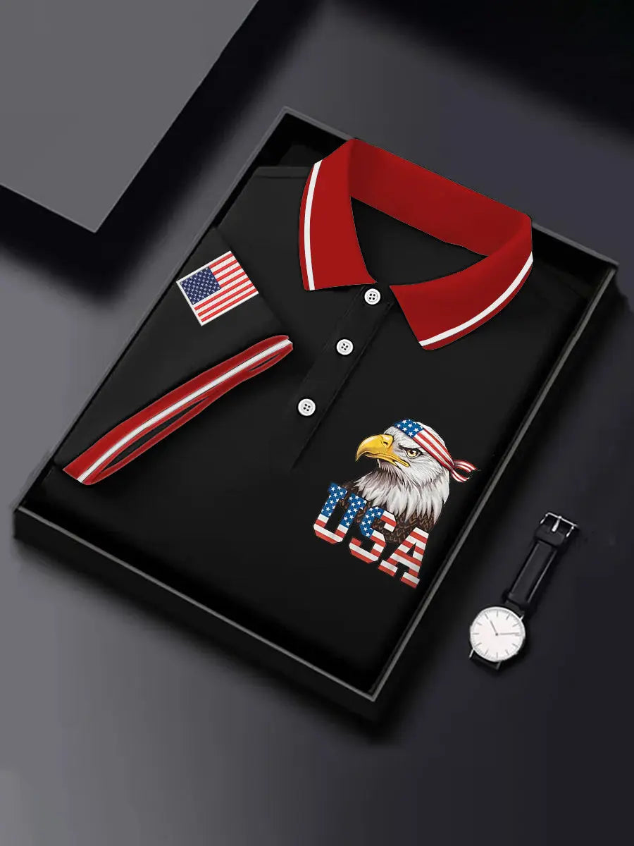 American Flag Bald Eagle Polo Shirt Independence Day Patriotic Gift for USA Fans