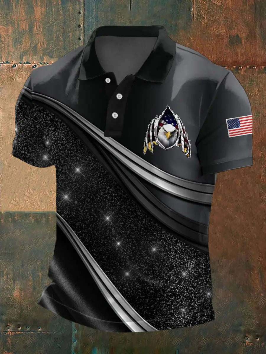 American Flag Bald Eagle Polo Shirt with Artistic Geometric Print Gift for Patriotic Fans