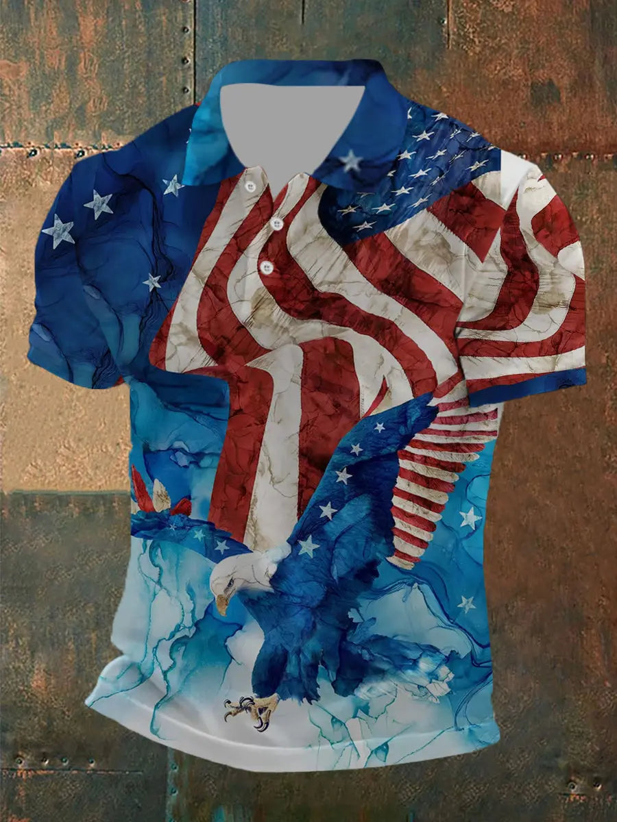 American Flag Bald Eagle Print Polo Shirt Patriotic Gift for Independence Day Fans