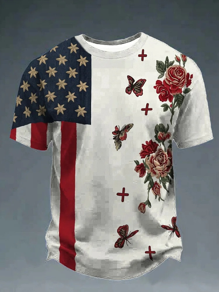 American Flag Butterfly Rose T-Shirt Mens Graphic Tees 250th Anniversary Patriotic Gift