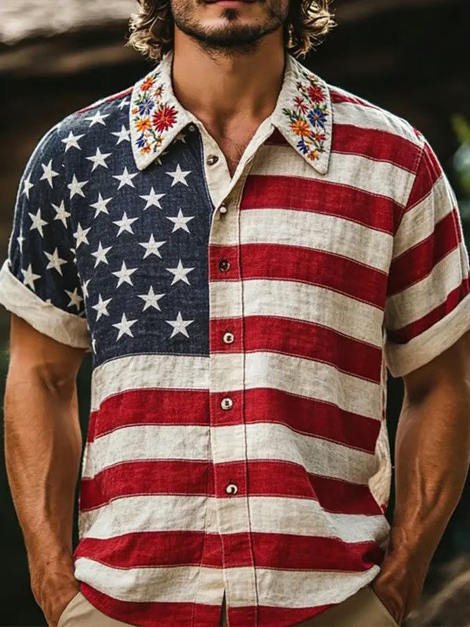 American Flag Button Shirt Patriotic Floral Collar USA 4th Of July Best Gift For Dad