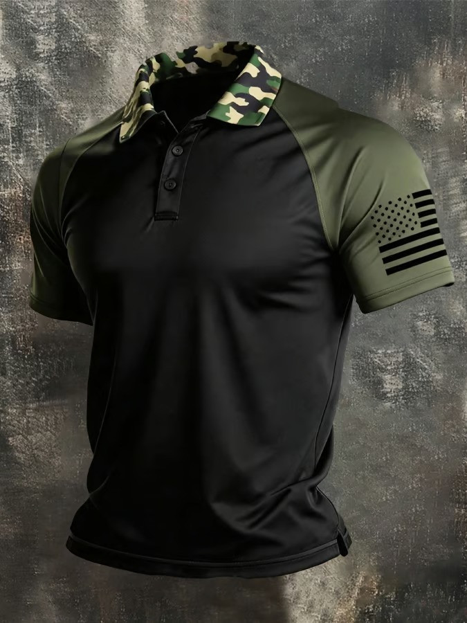 American Flag Camo Collar Polo Shirt USA Military Patriotic Tactical Fan Gear Best Gift For Dad