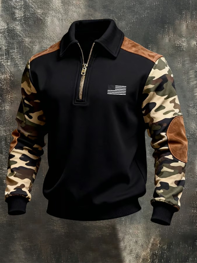 American Flag Camo Collar Zipper Polo Sweatshirt Military Style USA Patriot Pullover Best Gift For Veterans