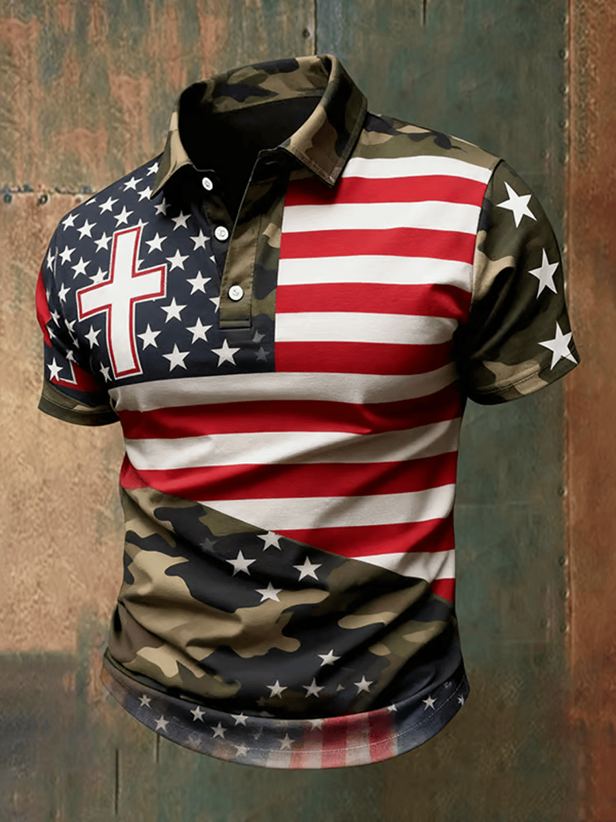 American Flag Camo Cross Christian Polo Shirt Patriotic USA Flag Faith Clothes Gift For Men