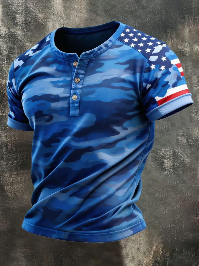 American Flag Camo Henley Button Shirt USA Patriotic Military Style 4th Of July Best Gift For Veterans