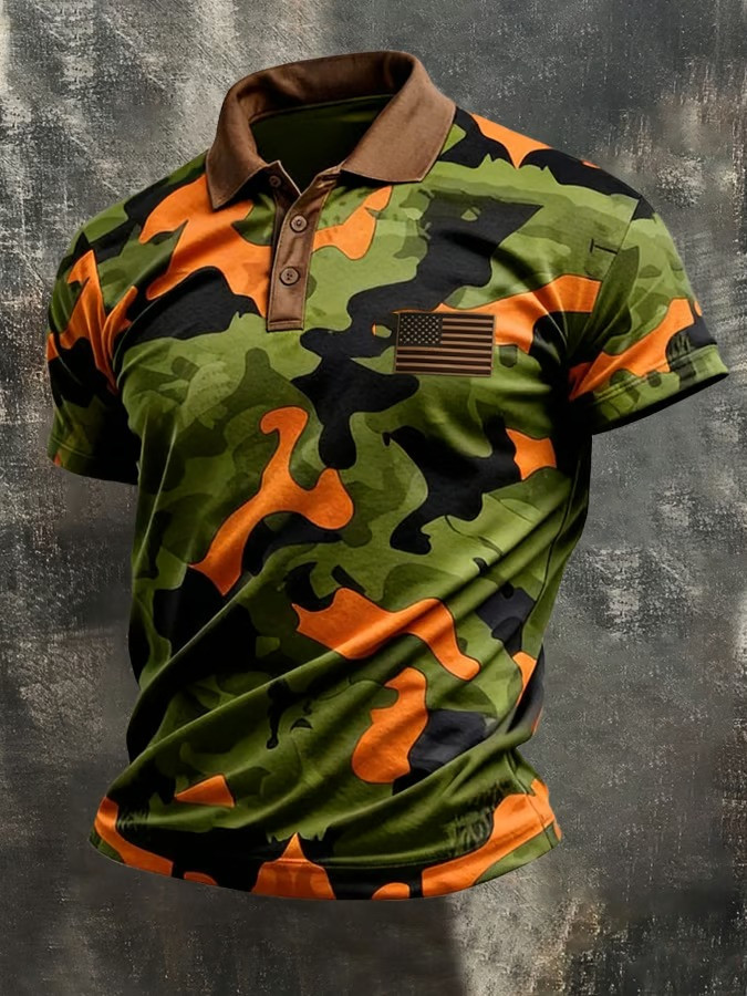 American Flag Camo Polo Shirt Hunting Outdoor USA Patriotic Military Clothing Best Gift For Dad