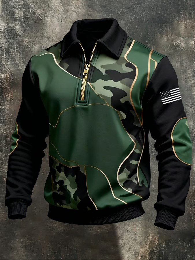 American Flag Camo Zip Polo Long Sleeve Shirt 4Th Of July Clothes Gifts For Military Veterans