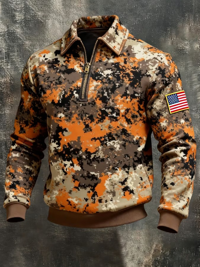American Flag Camo Zip Polo Long Sleeve Shirt 4Th Of July Outfits Gift For Patriots