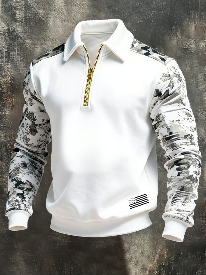American Flag Camo Zip Polo Long Sleeve Shirt Independence Day Clothes Fourth Of July Presents