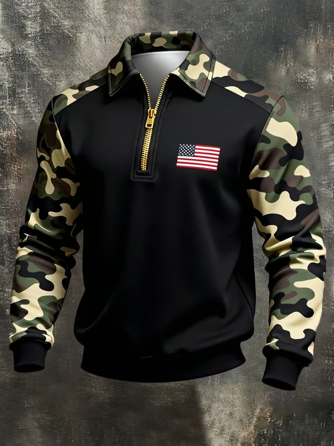 American Flag Camo Zip Polo Long Sleeve Shirt Military Style Clothes Unique Gifts For Veteran