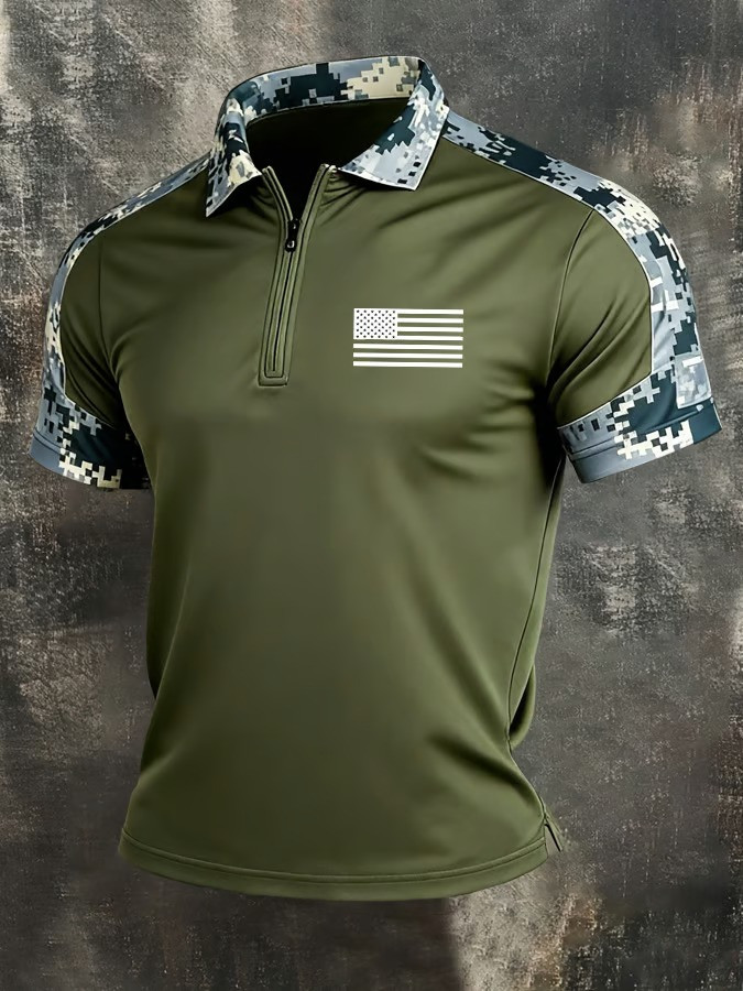 American Flag Collar Zippered Polo Shirt Digital Camo USA Patriotic Military Clothing Gift For Men