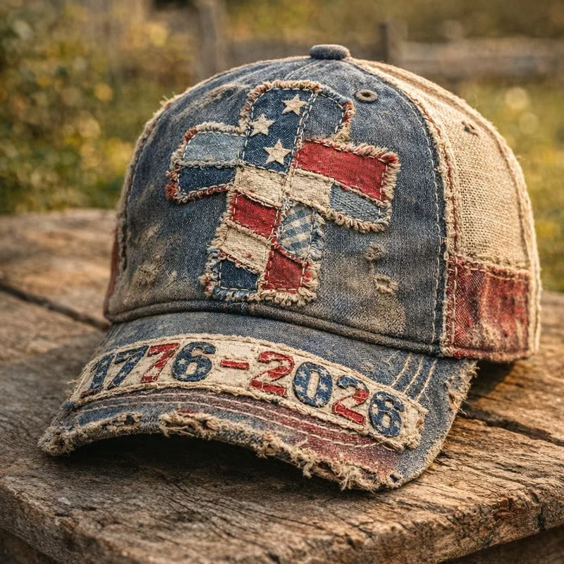 American Flag Cross Baseball Cap Vintage Distressed Hat Patriotic Gift For Believers