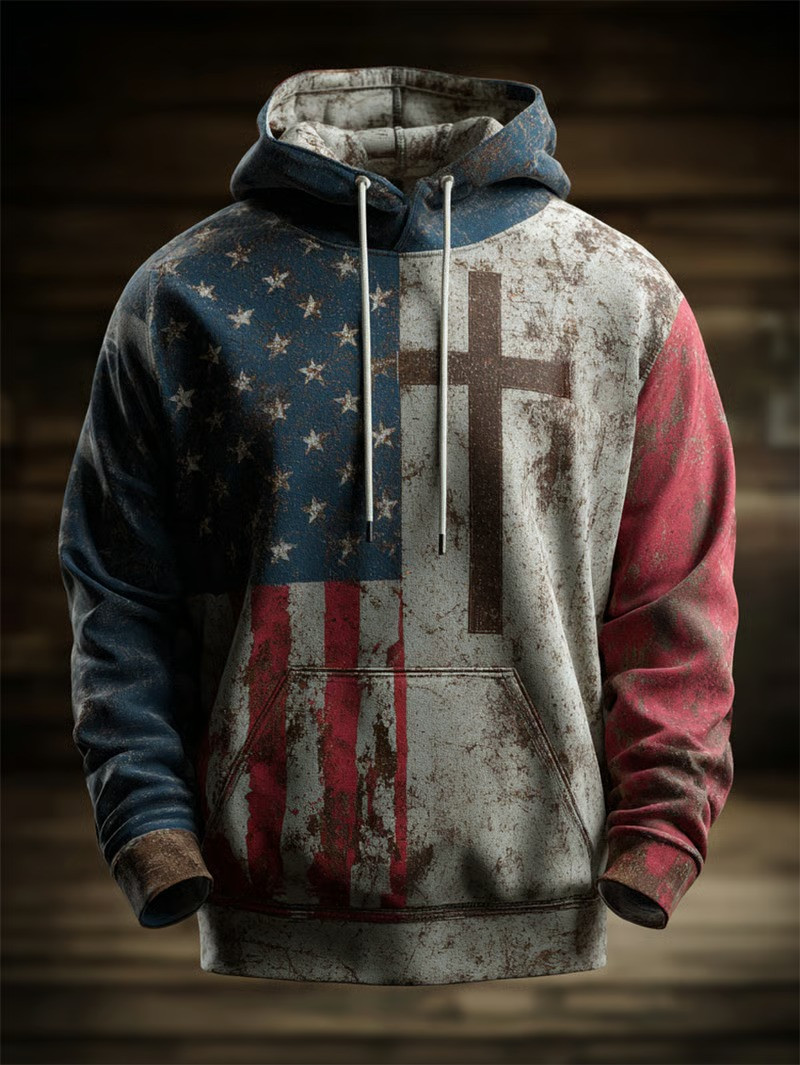 American Flag Cross Distressed Hoodie Christian Faith Patriotic USA Apparel Best Gift For Men Ideas