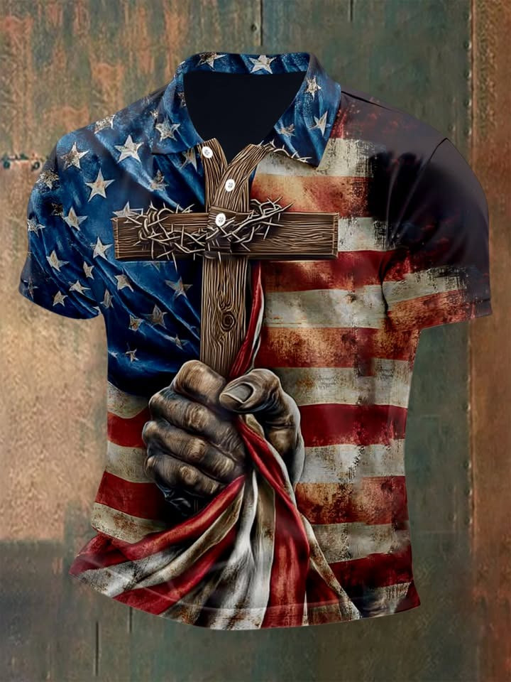 American Flag Cross Polo Shirt Jesus Hand Holding Flag Patriotic Christian Gift For Men